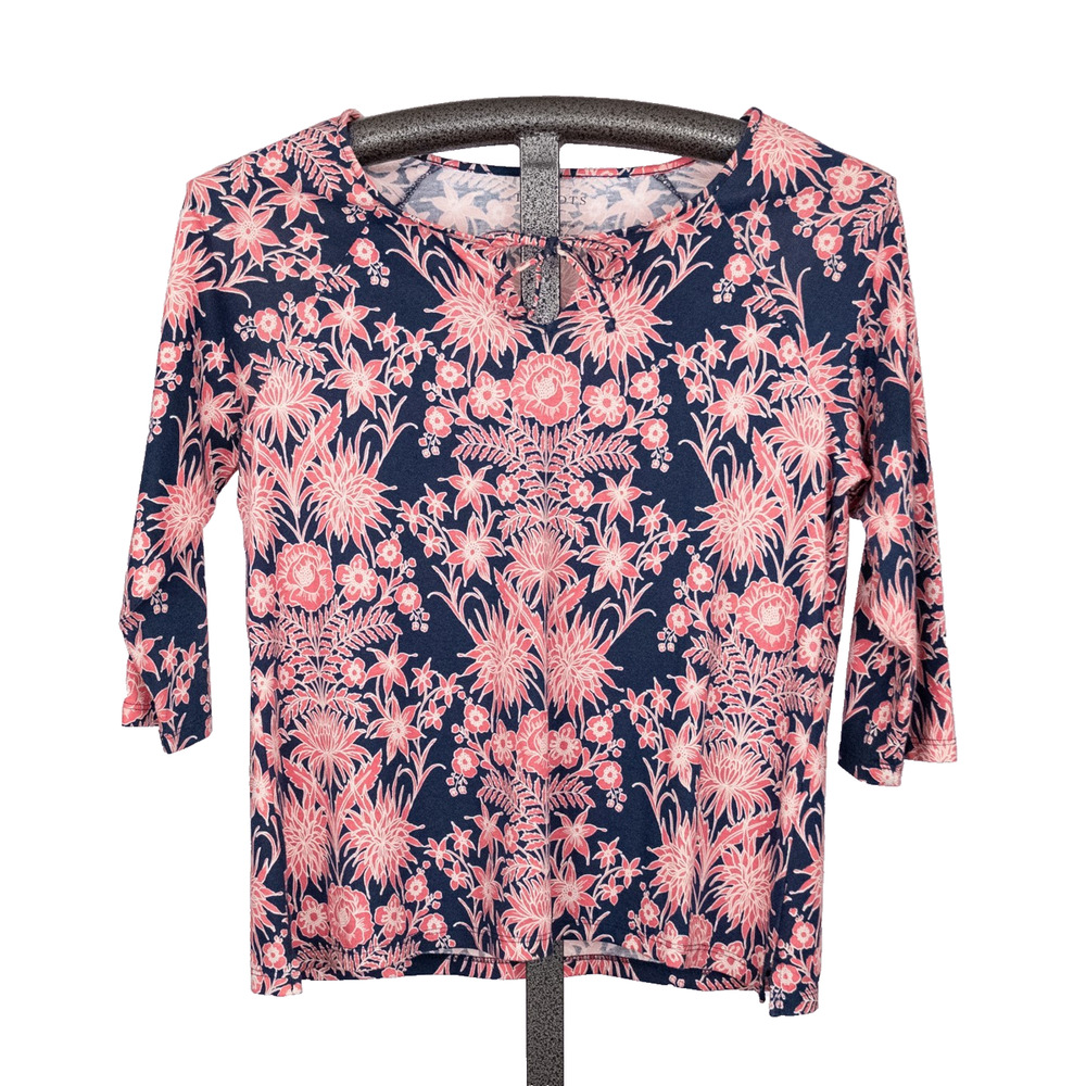 Talbots Floral Cotton-Modal Casual Top Size SMALL PETITE Navy Pink Bloom Garden